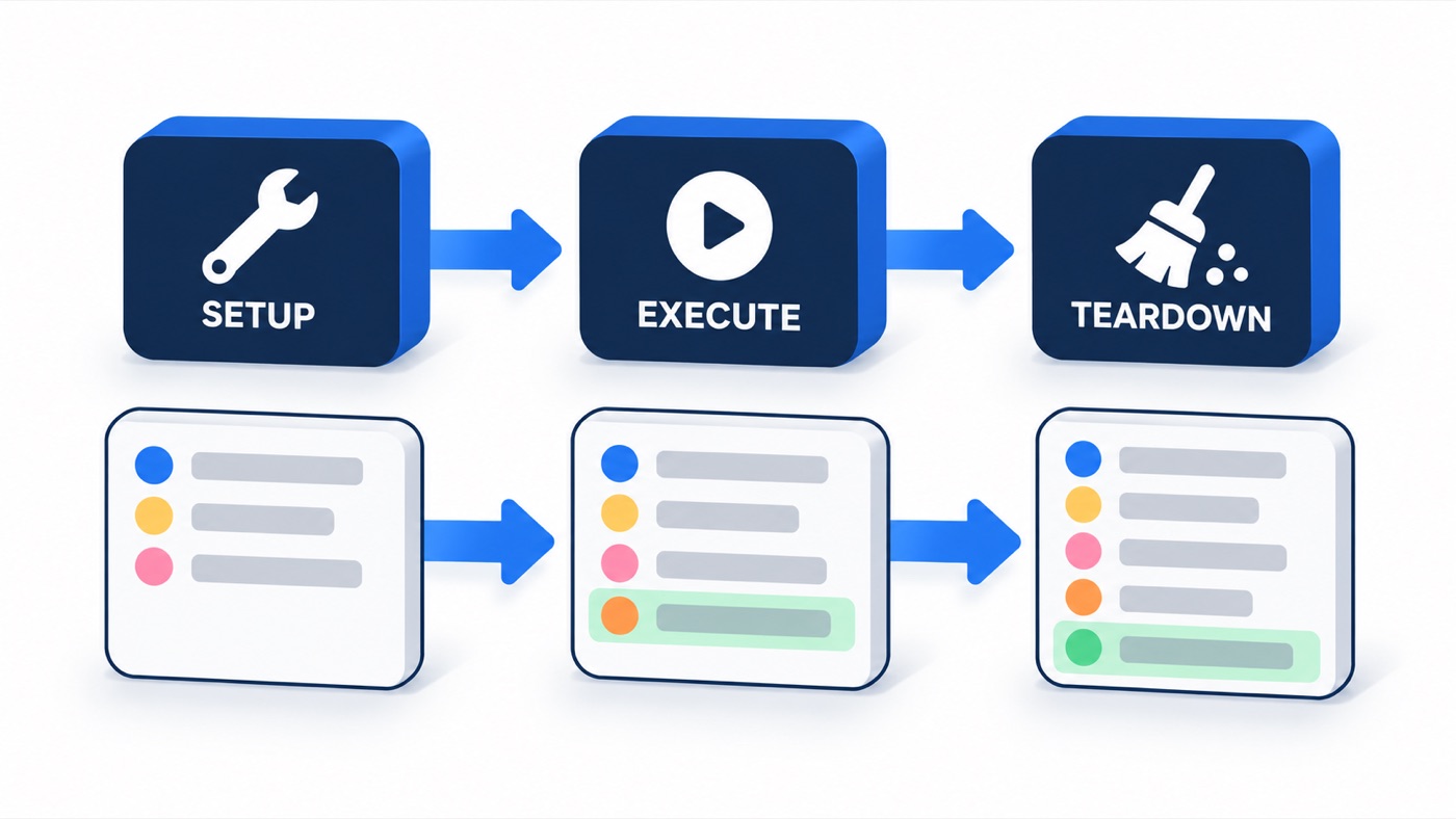 Illustration: Every Playwright test has a lifecycle: set up the browser, run the test, clean up. Each stage records what it did.