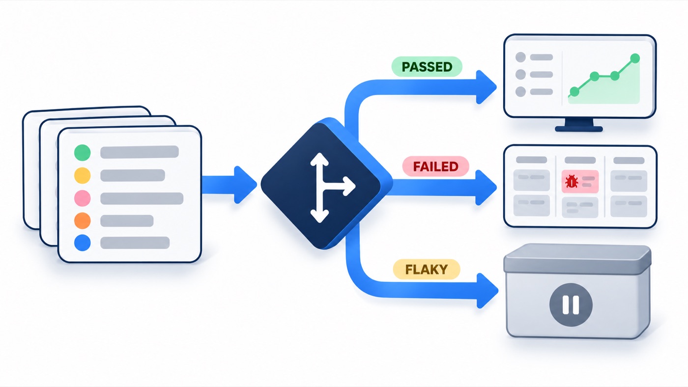 Illustration: A CI result router: passed tests go to the dashboard, failures become Jira bugs, flaky tests move to quarantine.