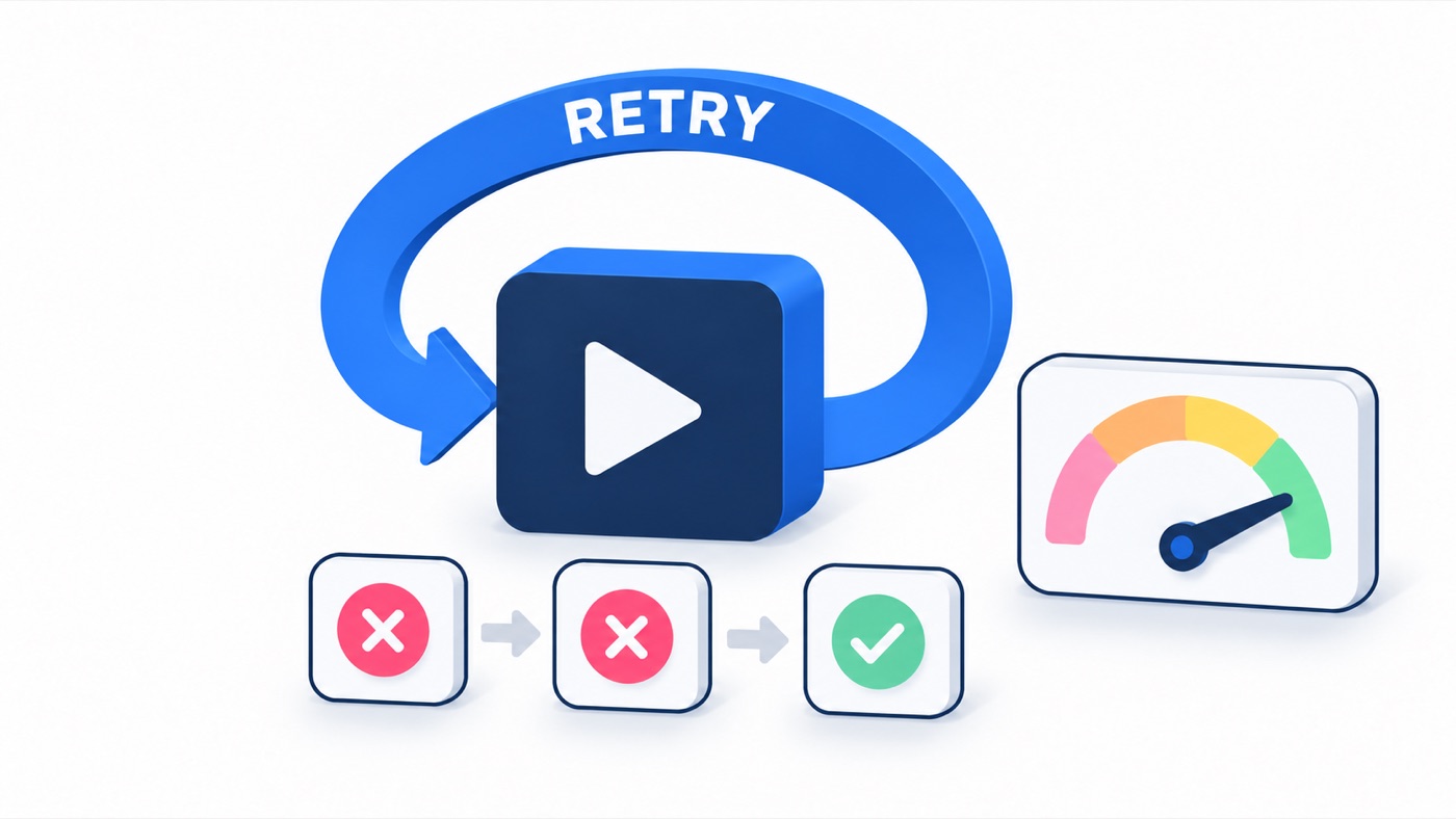 Illustration: Like Playwright's retries: rerun a failing test up to three times. A pass after a failure marks the test as flaky.