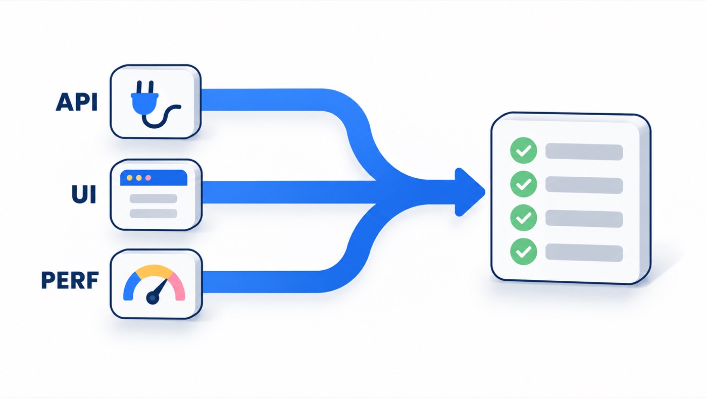 Illustration: API, UI and performance suites run in parallel, and their results merge into one release report.