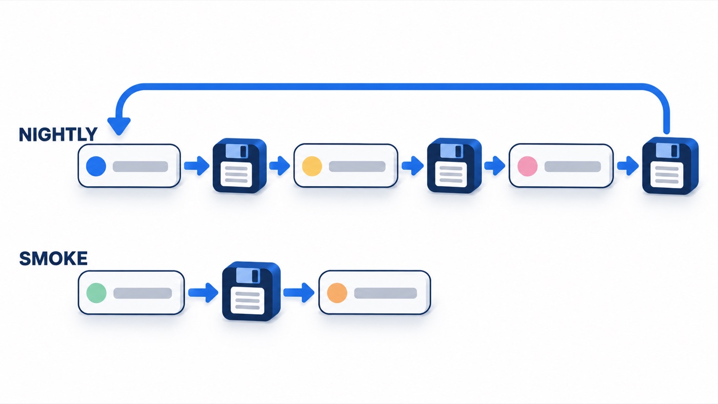 Illustration: The nightly regression and the smoke run keep separate histories, like two CI pipelines that never overwrite each other.
