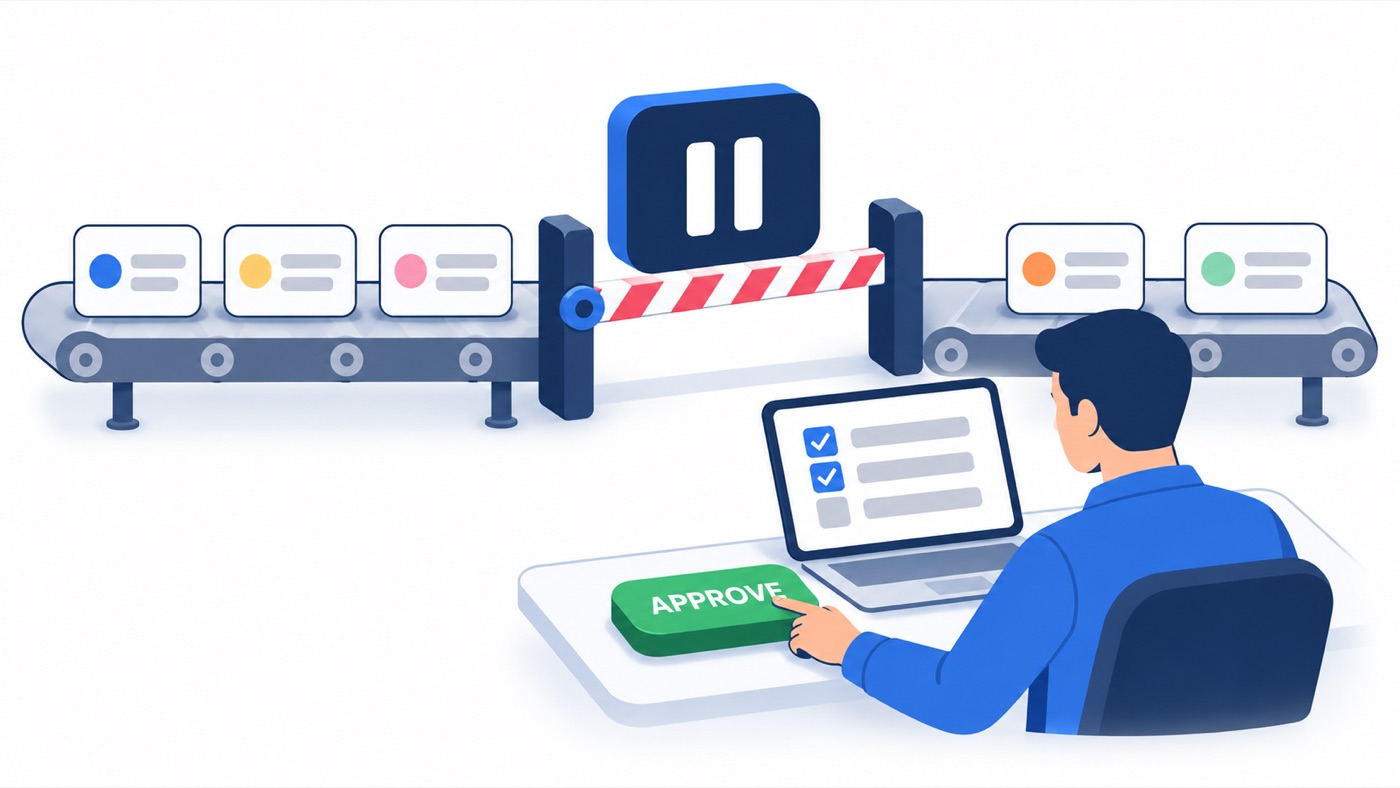 Illustration: Before quarantining tests, the pipeline waits for a QA lead to approve, like a manual gate before a production deploy.