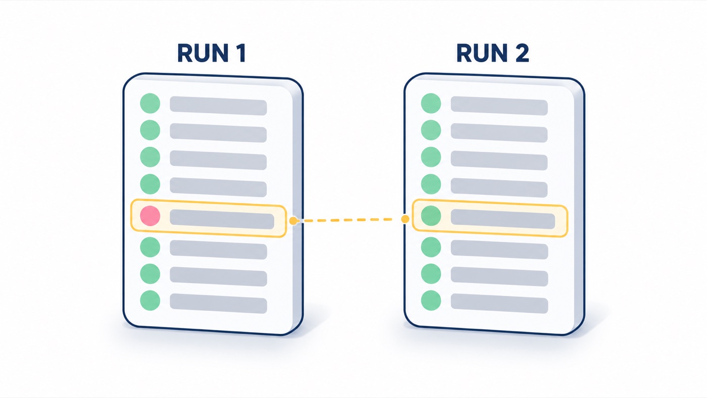 Illustration: Compare two CI runs of the same suite: a test that passed in one run and failed in the other is flaky.
