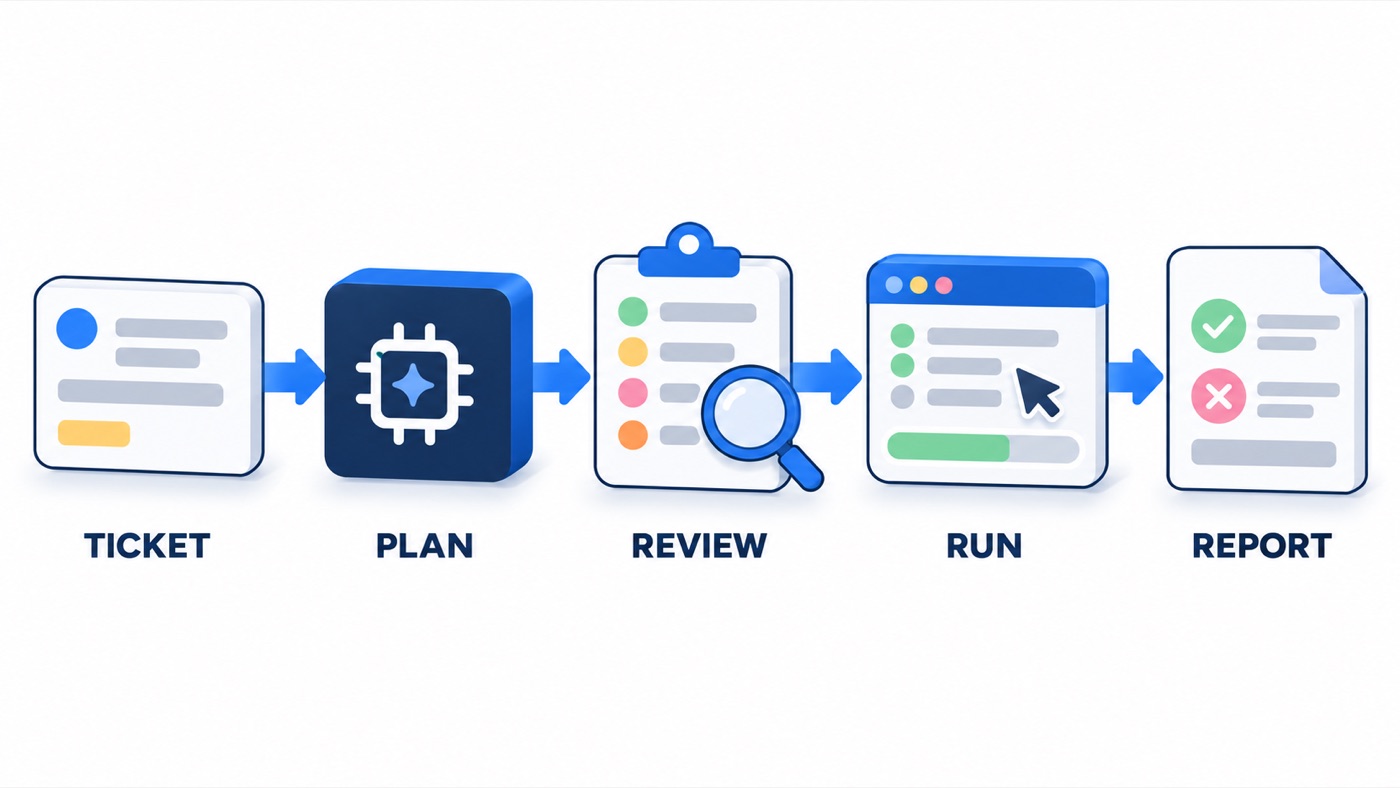 Illustration: An end-to-end QA pipeline: the ticket becomes a reviewed test plan, the plan runs in Playwright, and every failure is triaged in one report.