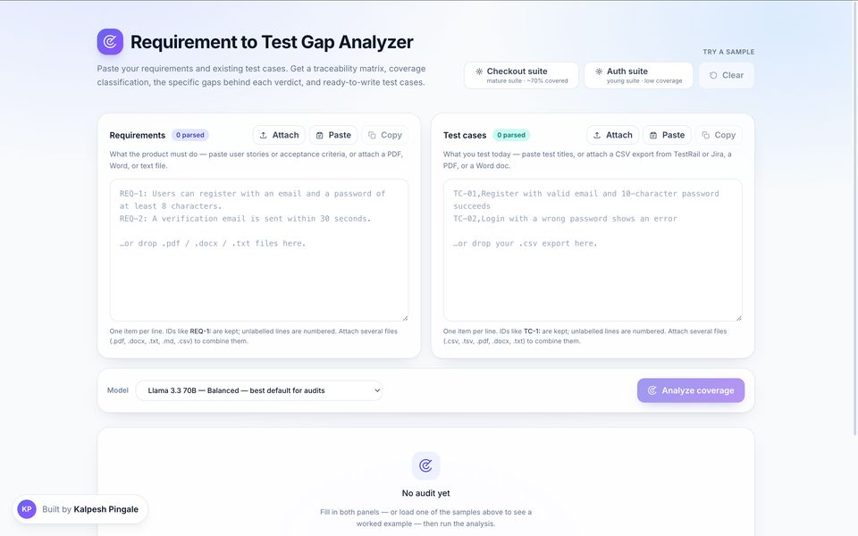 Screenshot of Requirement to Test Gap Analyzer