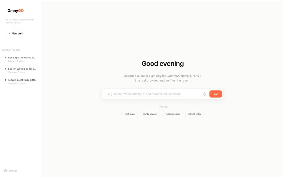 Screenshot of OmnyGO — AI-Powered Autonomous QA Testing Agent
