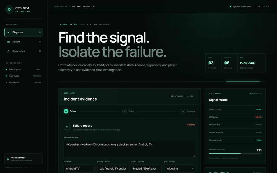 Screenshot of OTT DRM AI Troubleshooting Copilot