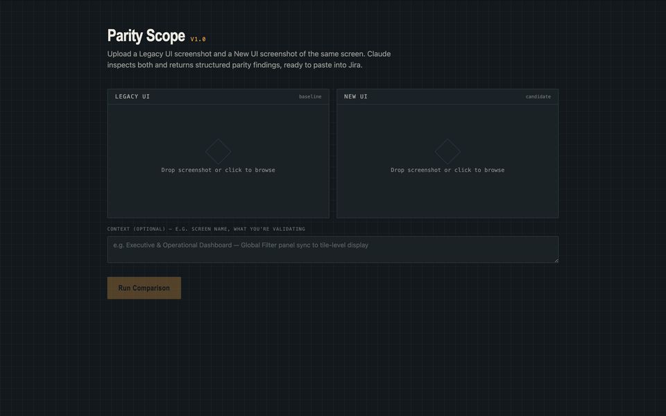 Screenshot of Parity Scope — AI-Powered Legacy UI vs New UI Parity Checker
