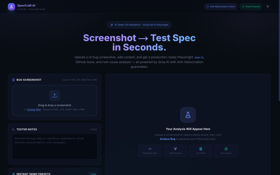 Screenshot of SpecCraft AI — Autonomous Visual QA to Playwright Studio