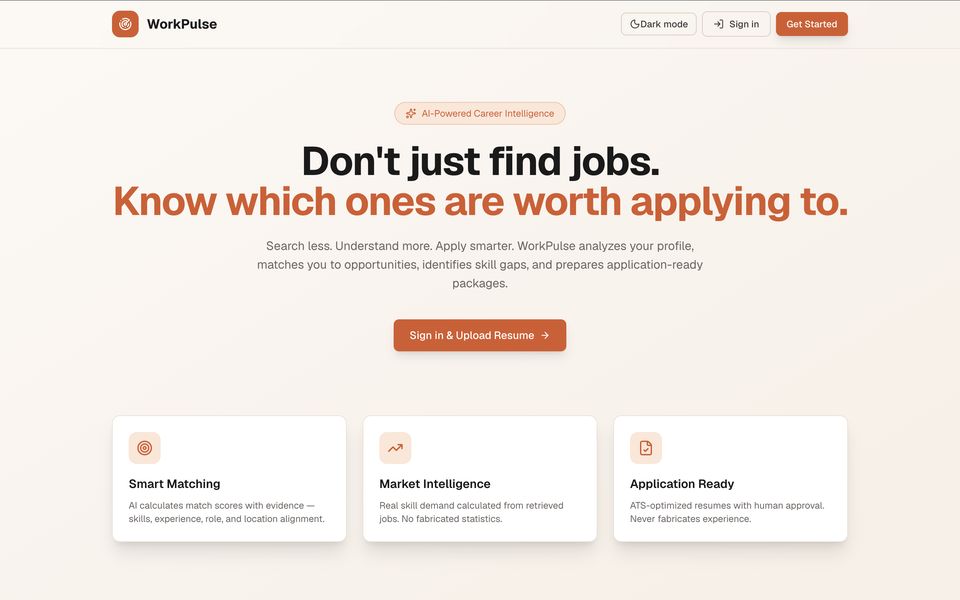 Screenshot of WorkPulse — AI-Powered Career Intelligence Platform