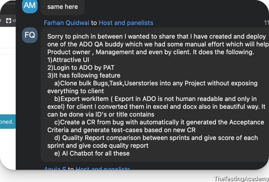 Batch chat message from Farhan Quidwai describing the ADO QA buddy he created and deployed: clones bulk bugs and user stories, exports work items to excel and docx, creates a CR with generated acceptance criteria and test cases, compares sprint quality, includes an AI chatbot.