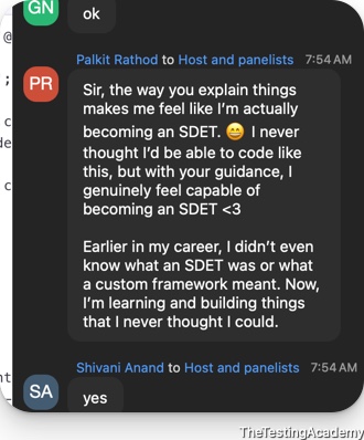 Live class chat message from Palkit Rathod: the way concepts are explained makes him feel he is becoming an SDET; he did not know what an SDET or a custom framework was earlier and is now building things he never thought he could.