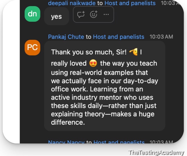 Live class chat message from Pankaj Chute: loved learning through real-world examples faced in day-to-day office work, from an active industry mentor who uses these skills daily rather than explaining theory.
