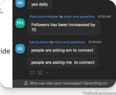 Live class chat messages: Poornima Hebbar says followers increased by 70, Kavita Batra says people are asking her to connect.