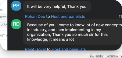 Batch chat message from Rohan Deo: because of the course he learned many new industry concepts and is implementing them in his organization; thank you so much sir, it means a lot.