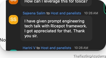 Live class chat message from Sajeena Salim: gave a prompt engineering tech talk using the RICE-POT framework and was appreciated for it.