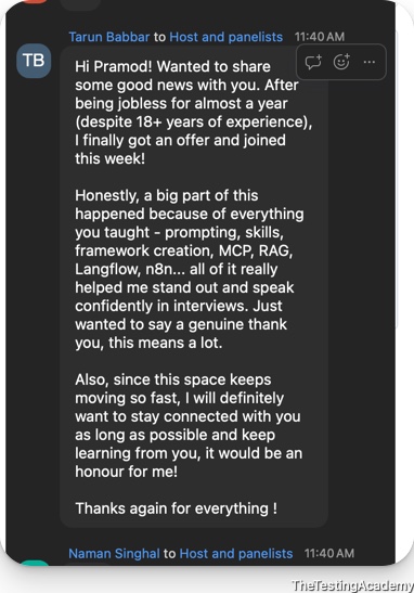 Live class chat message from Tarun Babbar: after being jobless for almost a year despite 18 plus years of experience, he got an offer and joined this week; prompting, skills, framework creation, MCP, RAG, Langflow and n8n helped him stand out and speak confidently in interviews.