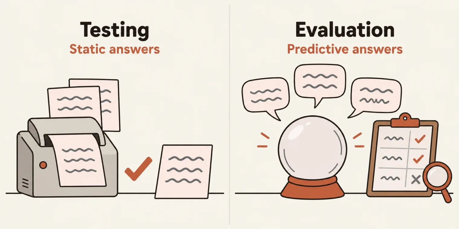 Two panels on cream paper. Left, titled Testing, sublabel Static answers: a small machine prints a slip that matches a reference slip exactly, marked with a terracotta tick, with identical slips stacked behind it. Right, titled Evaluation, sublabel Predictive answers: a glass fortune ball on a stand sends up three answer bubbles, each different, and a clipboard beside it scores them with two ticks and a cross, a magnifying glass resting on it.