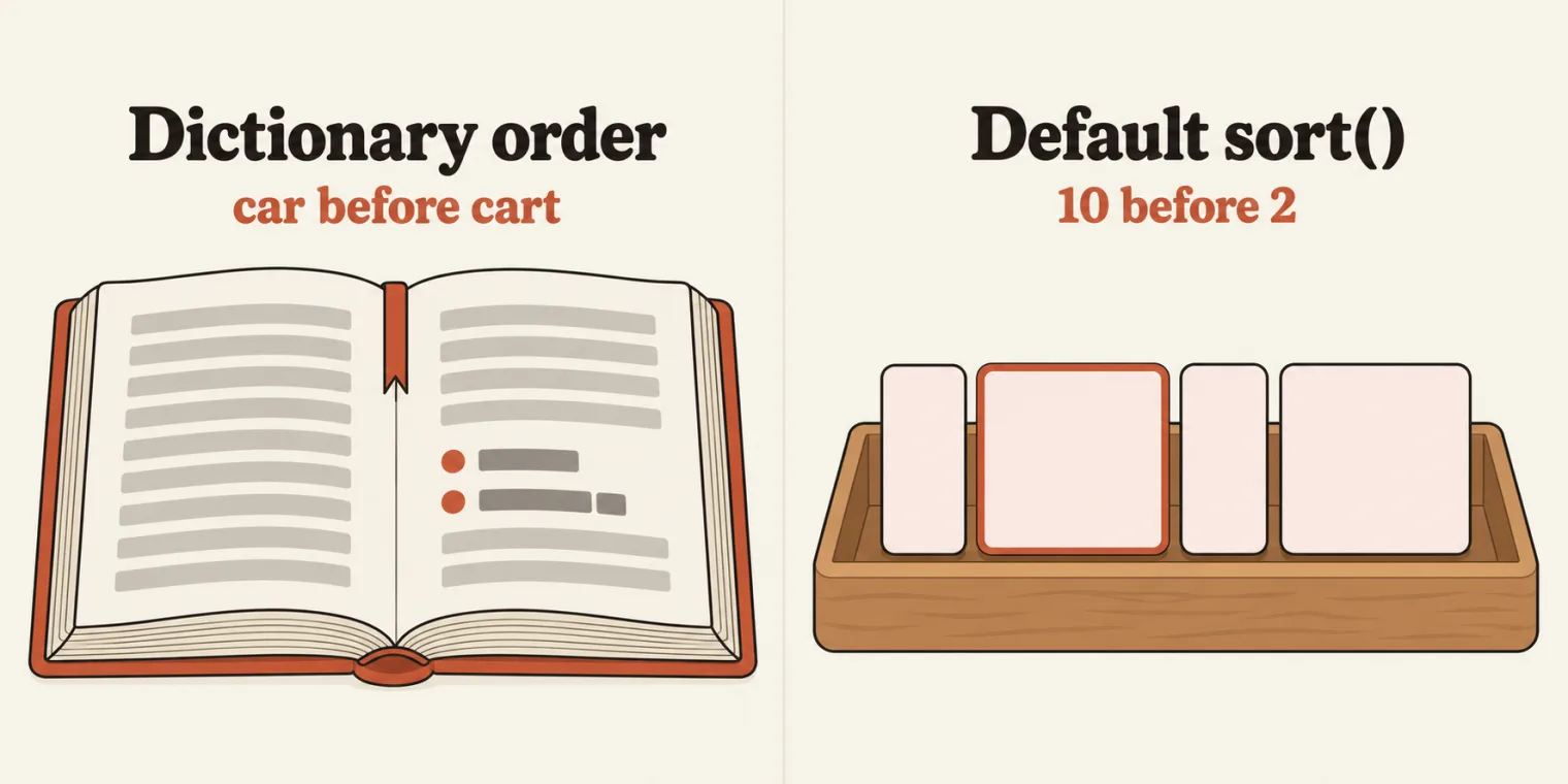 Two panels. Left, titled Dictionary order, with the sublabel car before cart: an open dictionary with two entries marked, the shorter one first. Right, titled Default sort(), with the sublabel 10 before 2: a tray of four tiles filed narrow, wide, narrow, wide, with the first wide tile outlined in terracotta.