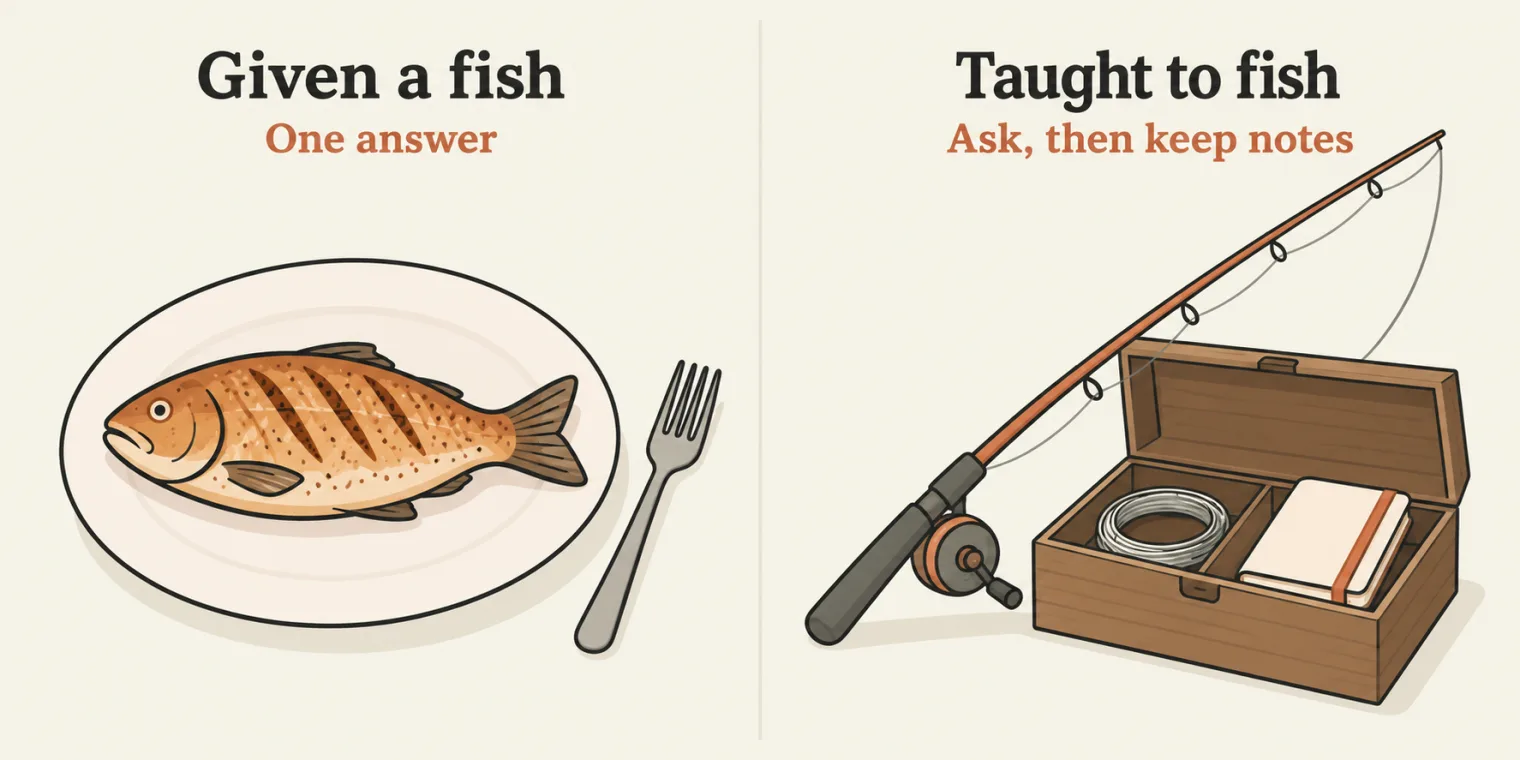 Two panels. Left, titled Given a fish, with the sublabel One answer: a cooked fish on a plate beside a fork. Right, titled Taught to fish, with the sublabel Ask, then keep notes: a fishing rod leaning on an open tackle box that holds a coil of line and a notebook.
