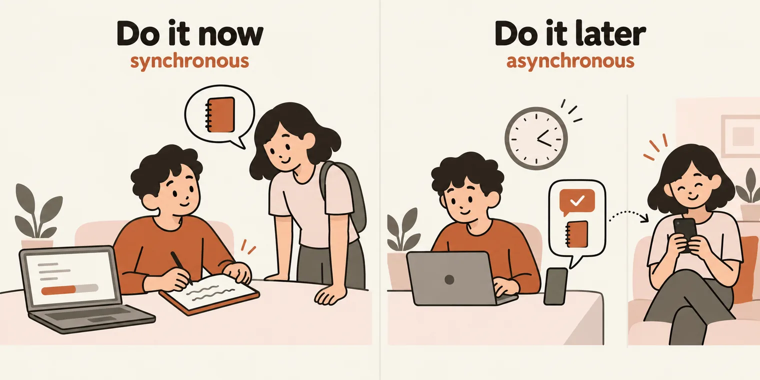Two panels. Left, titled Do it now, synchronous: a friend leans over a desk asking for notes, shown as a notebook in a speech bubble, and the person has pushed their laptop aside with a task half done to copy the notes into a notebook while the friend waits. Right, titled Do it later, asynchronous: the person keeps working at the laptop while a wall clock shows time passing, then a message with a check mark and a notebook goes from their phone to the friend, who smiles at her own phone somewhere else.