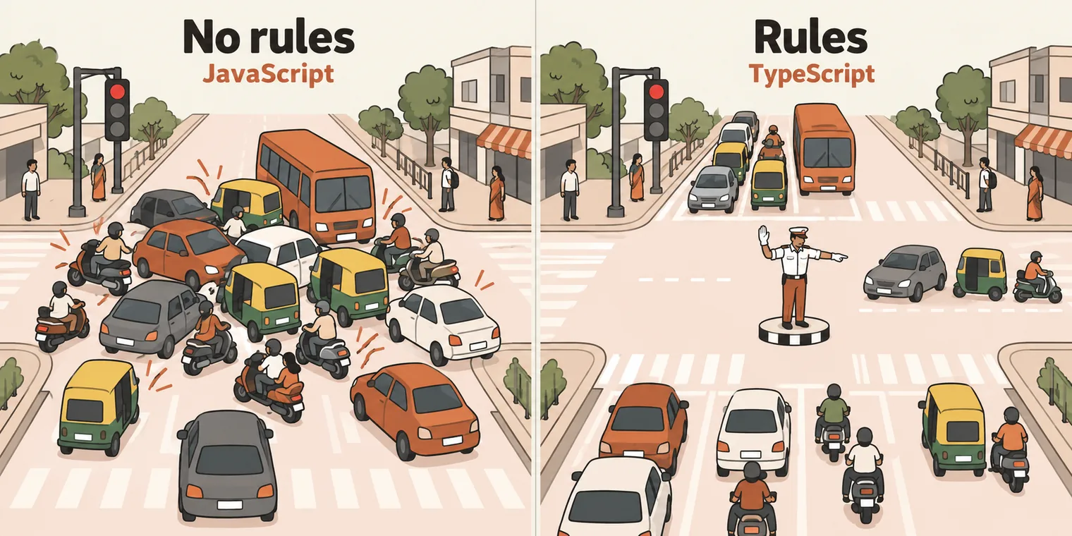 Two panels of the same busy Indian road junction. Left, titled No rules, JavaScript: autorickshaws, scooters, cars and a bus push into the middle from every direction while the signal shows red, with honking marks all around. Right, titled Rules, TypeScript: a traffic police officer in white gloves stands on a podium in the centre, the vehicles wait in lanes behind the stop lines, and one lane moves through in order.
