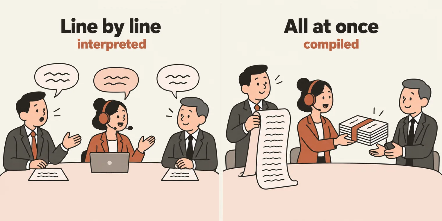Two panels at a summit table. Left, titled Line by line, interpreted: a speaker talks, a translator with a headset passes each sentence on at once, and the listener nods, shown as a chain of three speech bubbles. Right, titled All at once, compiled: the speaker holds a long scroll with the whole speech, and the translator hands the listener one thick, finished translation.