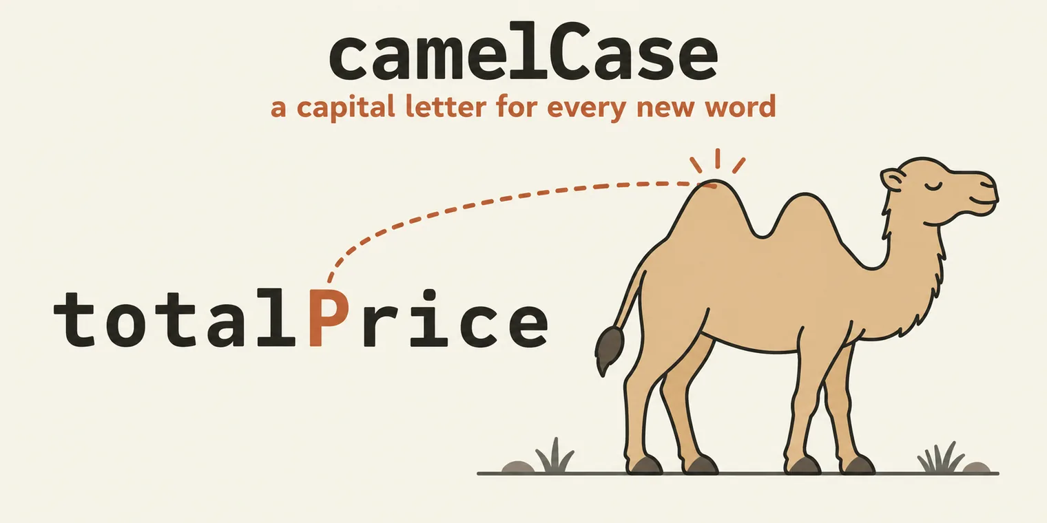 The title camelCase with the sublabel a capital letter for every new word. On the left, the variable name totalPrice with the capital P in orange; a dashed line runs from the P to the tallest hump of a camel standing on the right.