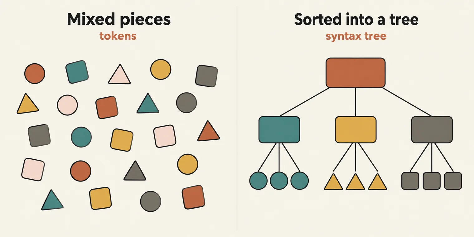 Two panels. Left, titled Mixed pieces, tokens: about twenty small shapes in different colours scattered with no order. Right, titled Sorted into a tree, syntax tree: one box at the top connected to three boxes, each connected to a group of matching shapes: teal circles, mustard triangles and grey squares.
