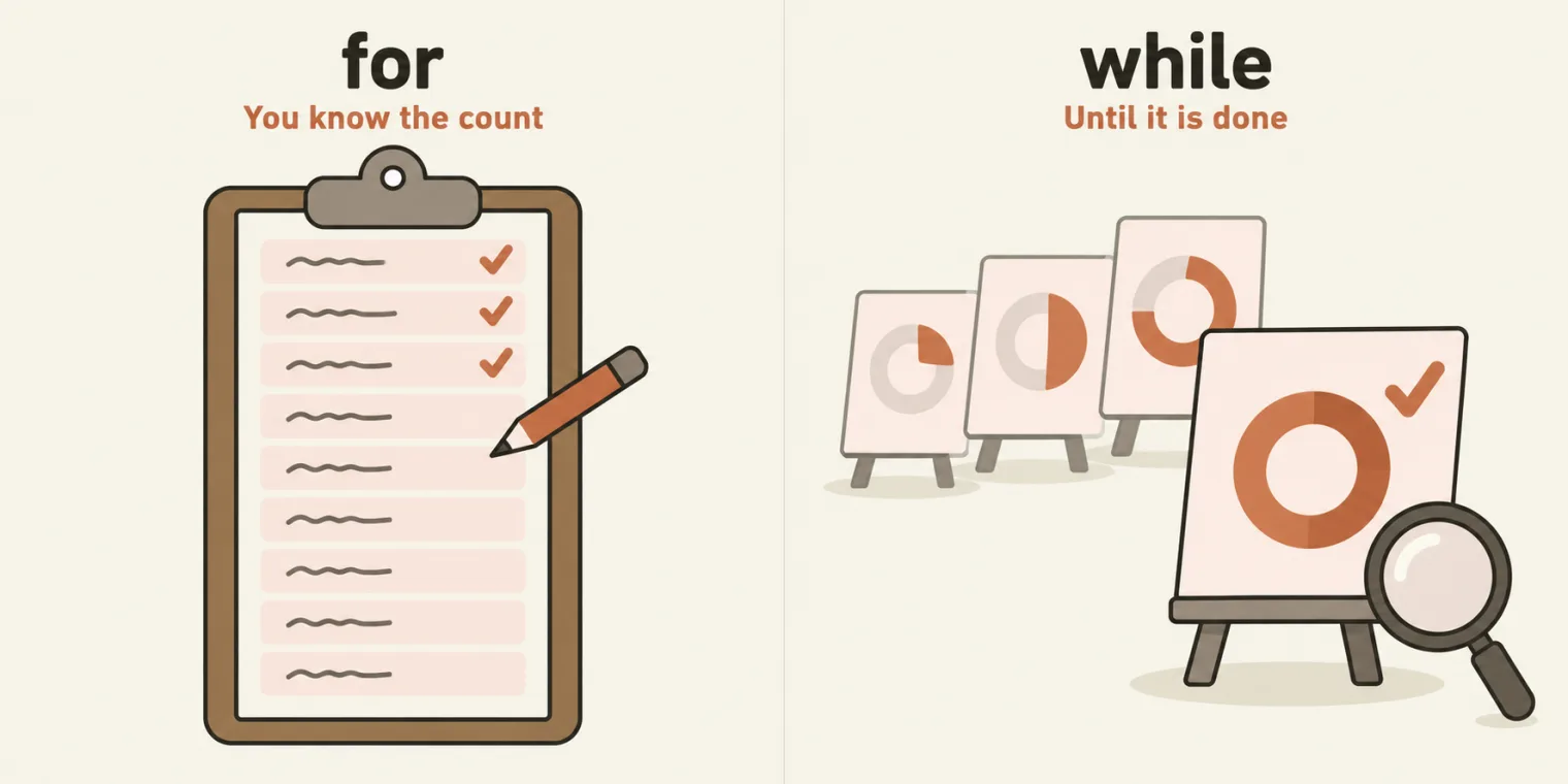 Two panels. Left, titled for, with the sublabel You know the count: a clipboard holds a fixed list of rows with a visible end; the top rows carry terracotta ticks and a pencil rests at the next one. Right, titled while, with the sublabel Until it is done: status boards with a dial a quarter, a half and three quarters full, and in front a board whose dial is full, with a terracotta tick beside a magnifying glass.