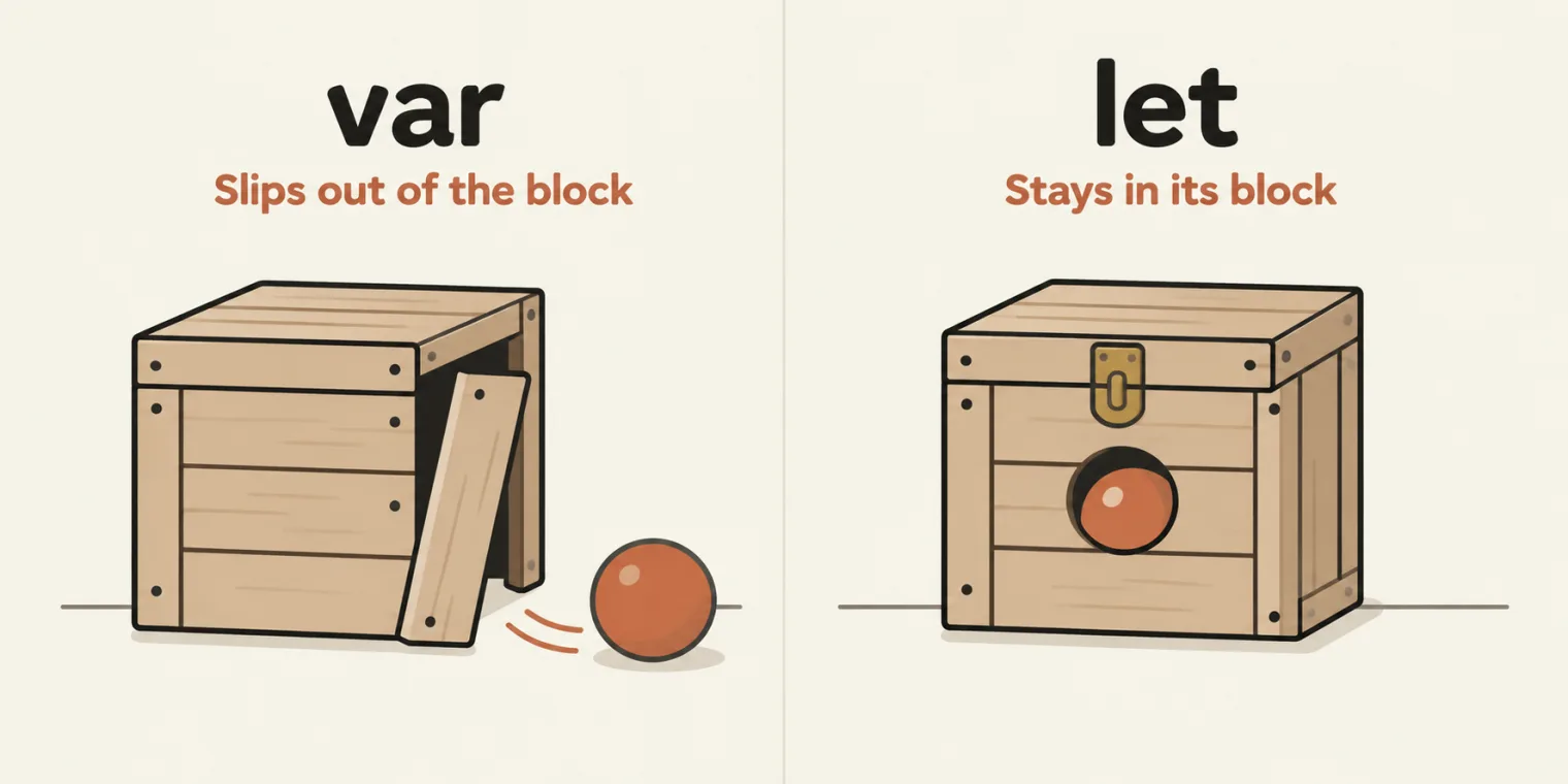 Two panels. Left, titled var, with the sublabel Slips out of the block: a wooden crate with one loose plank, and a terracotta ball that has rolled out through the gap. Right, titled let, with the sublabel Stays in its block: the same crate with every plank in place and its lid latched, the ball visible inside through a small round window.
