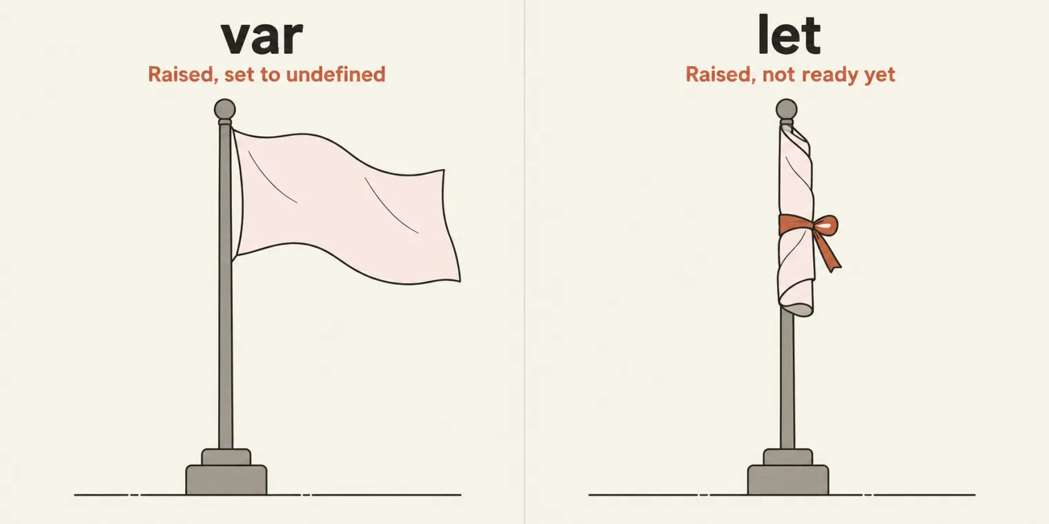 Two panels. Left, titled var, with the sublabel Raised, set to undefined: a flagpole with a plain blush flag raised to the top and flying open. Right, titled let, with the sublabel Raised, not ready yet: the same pole with its flag raised to the top but rolled up and tied with a terracotta ribbon.