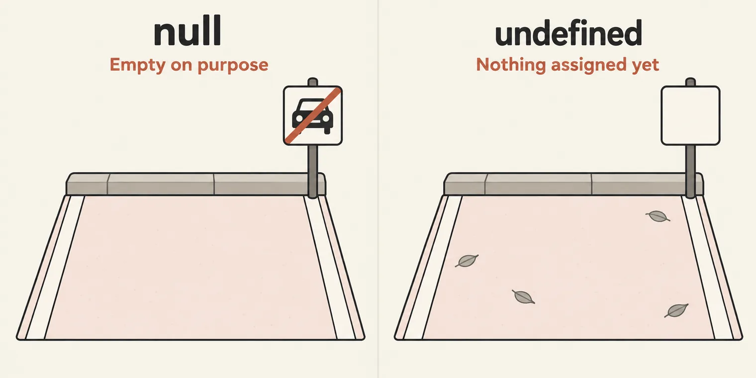 Two panels showing the same empty parking bay. Left, titled null, with the sublabel Empty on purpose: the sign at the bay shows a car crossed out, so someone has marked it as having no car. Right, titled undefined, with the sublabel Nothing assigned yet: the sign is blank and a few leaves lie in the bay, so nobody has decided anything about it.