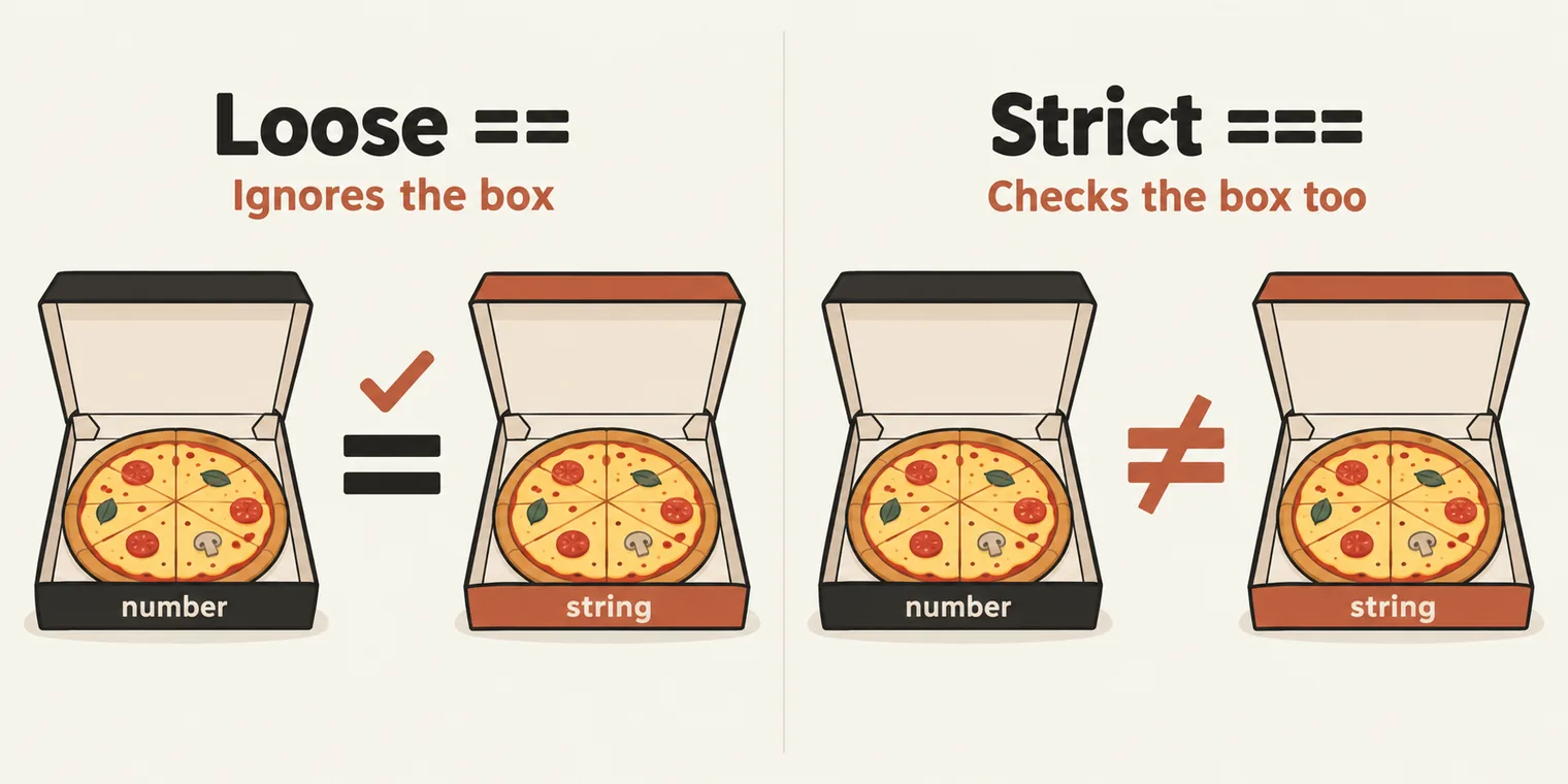 Two panels showing the same pair of open pizza boxes holding identical pizzas: a dark box labelled number and an orange box labelled string. Left, titled Loose ==, with the sublabel Ignores the box: an equals sign with a check mark between them. Right, titled Strict ===, with the sublabel Checks the box too: a not-equal sign between them.