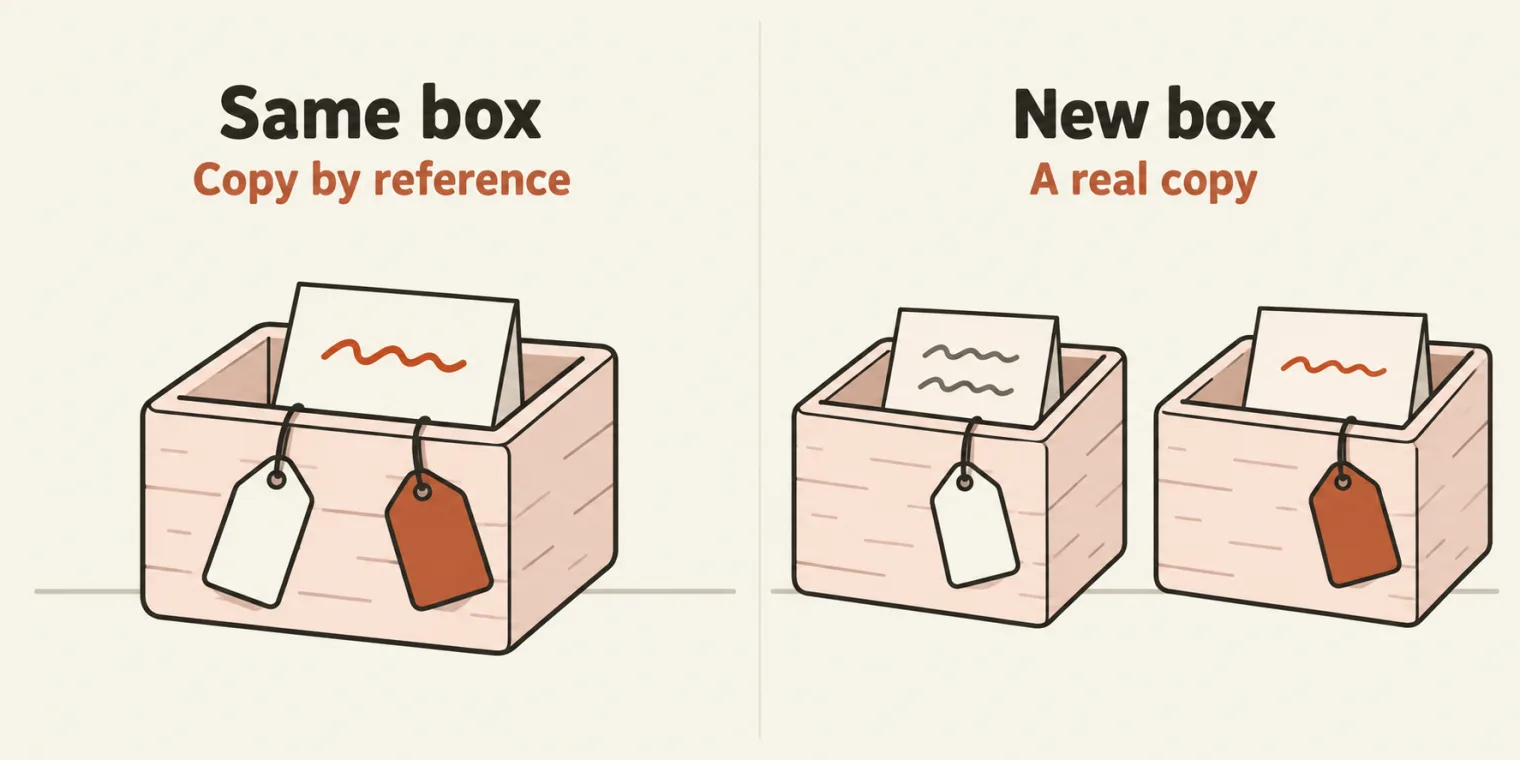 Two panels on cream paper. Left, titled Same box, with the sublabel Copy by reference: one open toy box with a folded note inside carrying a terracotta squiggle, and two blank tags, one white and one terracotta, tied to that same box. Right, titled New box, with the sublabel A real copy: two separate open toy boxes, each with its own note and its own tag; the box with the white tag holds a note of plain grey squiggles, and the box with the terracotta tag holds the note with the terracotta squiggle.