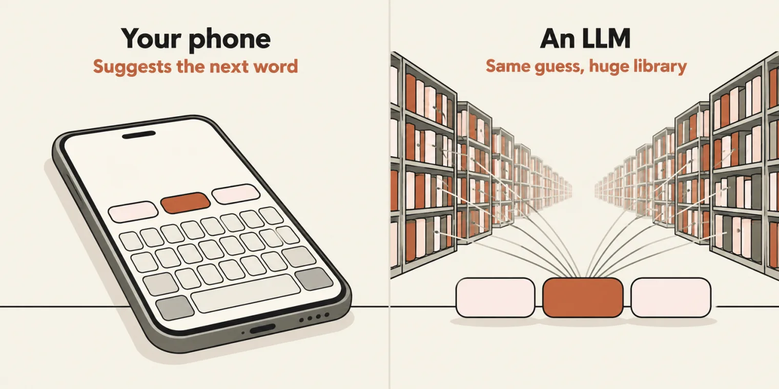 Two panels on cream paper. Left, titled Your phone, with the sublabel Suggests the next word: a smartphone lying at an angle, its keyboard topped by a row of three blank suggestion chips, the middle one terracotta. Right, titled An LLM, with the sublabel Same guess, huge library: the same three chips, larger, in front of tall bookshelves receding into the distance, with thin lines running from the shelves into the terracotta chip.