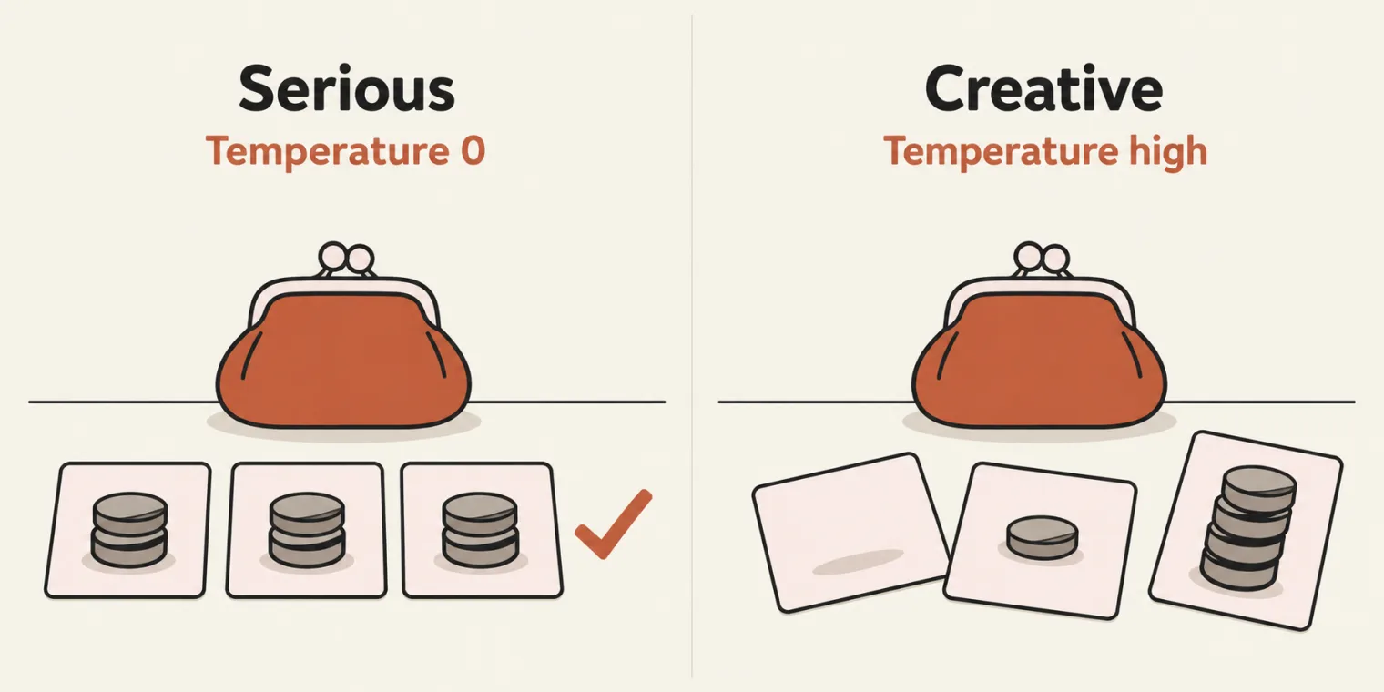 Two panels on cream paper. Left, titled Serious, with the sublabel Temperature 0: a coin purse on a desk and a neat row of three identical answer cards, each showing the same small stack of coins, with a terracotta tick beside them. Right, titled Creative, with the sublabel Temperature high: the same purse and three cards scattered at angles, showing no coins, one coin and a tall stack of coins.