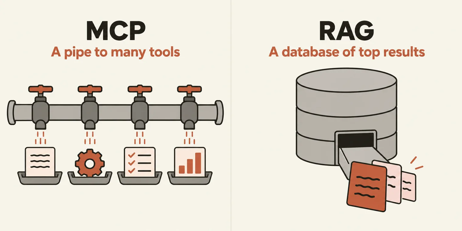 Two panels. Left, titled MCP, with the sublabel A pipe to many tools: one long pipe with four taps, each pouring a different object into its own tray: a document, a gear, a checklist and a bar chart. Right, titled RAG, with the sublabel A database of top results: a database cylinder with a chute that lets out only three cards, the front one largest.