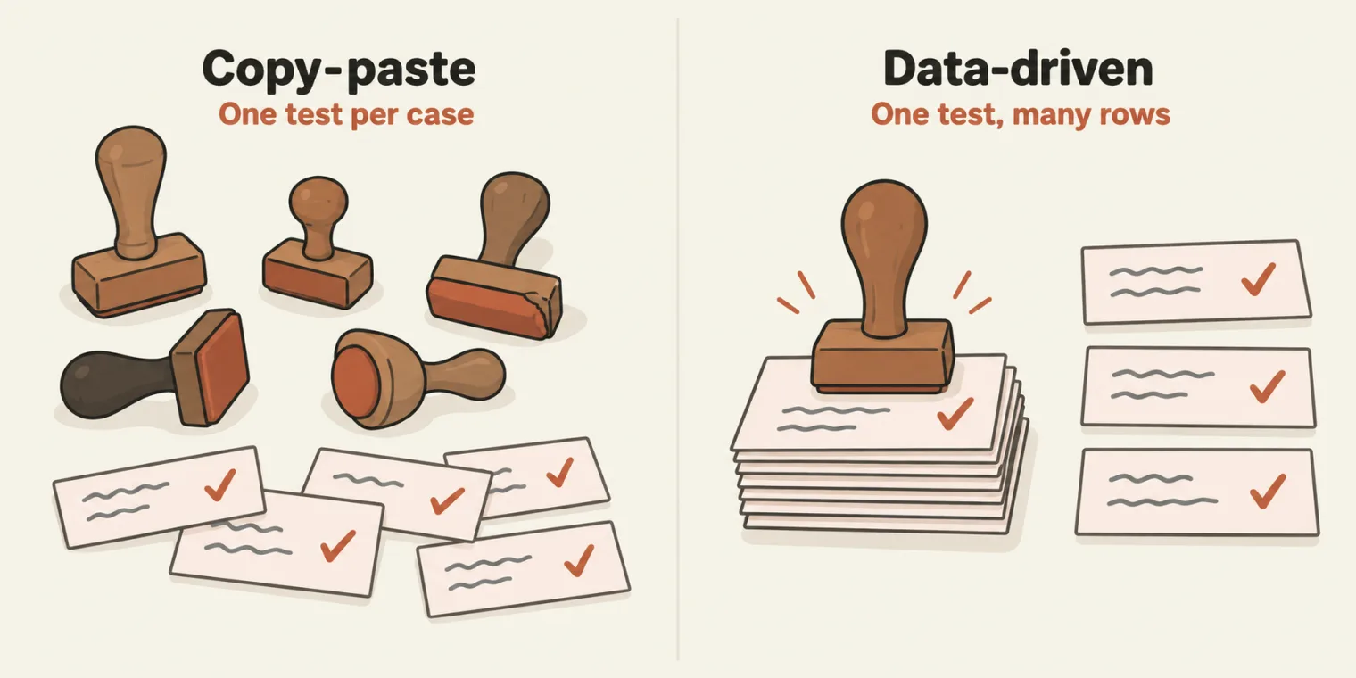 Two panels. Left, titled Copy-paste, with the sublabel One test per case: five different rubber stamps lie scattered at odd angles, one tall, one small, one with a chipped edge, one with a dark handle, above an untidy pile of stamped slips. Right, titled Data-driven, with the sublabel One test, many rows: a single clean stamp presses onto a neat stack of index cards with different squiggle lines, beside a tidy column of three cards, each with the same terracotta tick.
