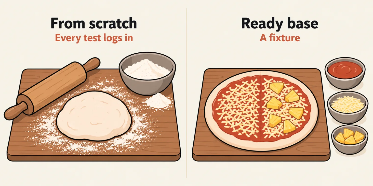 Two panels. Left, titled From scratch, with the sublabel Every test logs in: a mixing bowl of flour, a rolling pin and a lump of dough on a floury board, the work of making a base by hand. Right, titled Ready base, with the sublabel A fixture: a ready pizza base on a wooden board, covered in sauce and cheese, with pineapple on one half only, and small bowls of sauce, cheese and pineapple beside it.