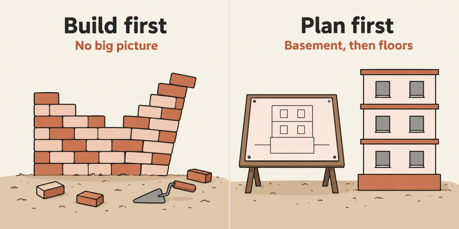 Two panels. Left, titled Build first, with the sublabel No big picture: an uneven brick wall rising from bare ground with no foundation, one corner leaning outwards, loose bricks and a trowel beside it. Right, titled Plan first, with the sublabel Basement, then floors: a blueprint of a basement and floors pinned to a small drafting table, beside a neat three-storey building standing on a terracotta foundation slab.