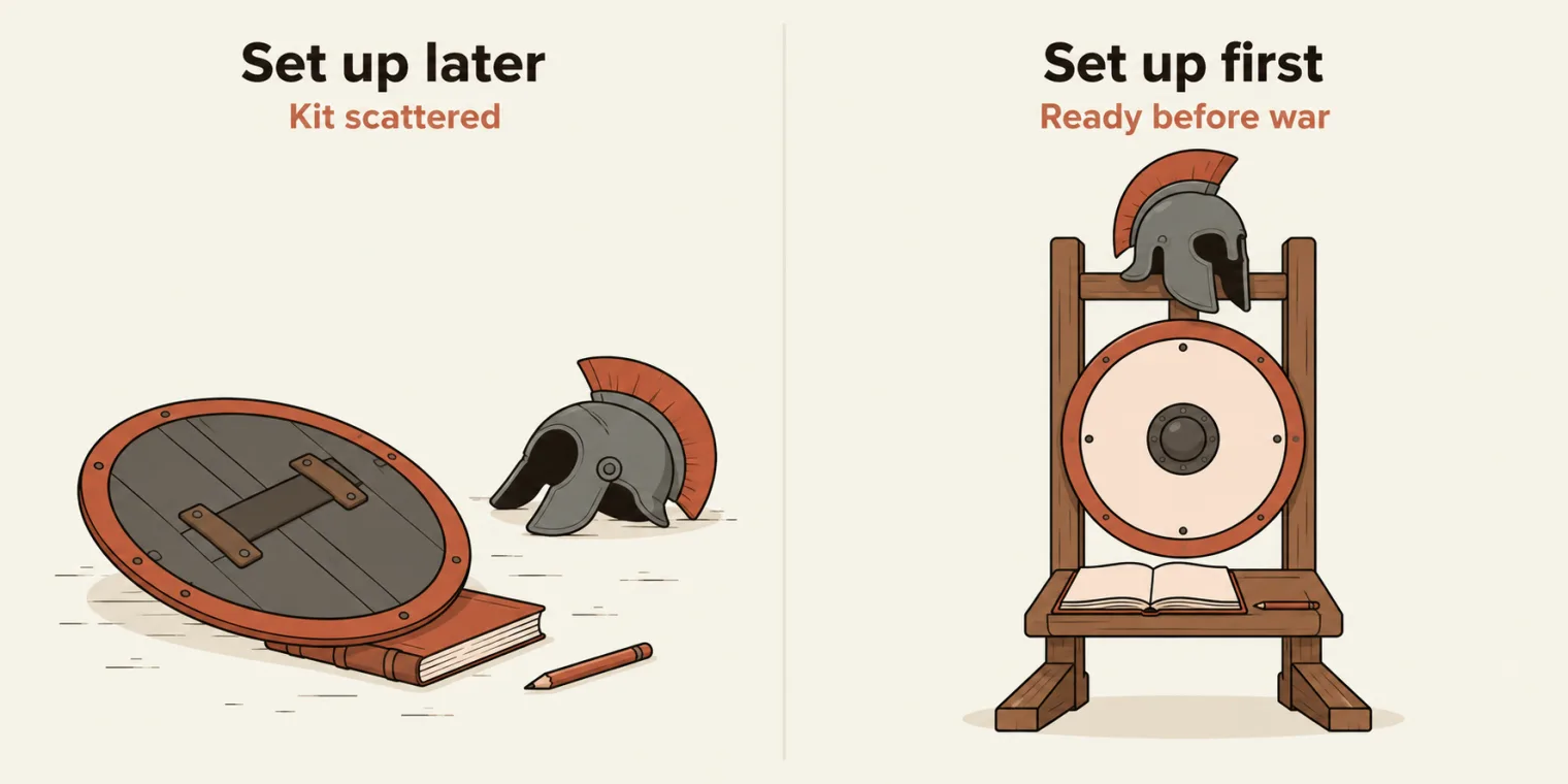 Two panels. Left, titled Set up later, with the sublabel Kit scattered: a round shield lying face down, a helmet tipped on its side and a closed logbook with its pencil rolled away, spread across the floor. Right, titled Set up first, with the sublabel Ready before war: the same shield, with a terracotta rim, and the helmet hang on a neat wooden stand, with the logbook open on its shelf beside a pencil.