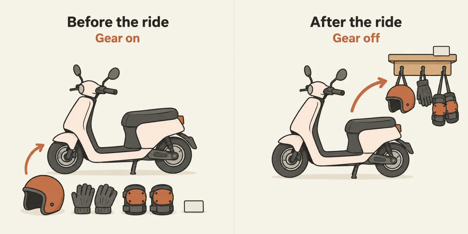 Two panels on cream paper with the same parked electric scooter. Left, titled Before the ride, with the sublabel Gear on: a helmet, a pair of gloves, a pair of knee guards and a blank licence card laid out in a row in front of it, with an arrow towards the scooter. Right, titled After the ride, with the sublabel Gear off: the same helmet, gloves and knee guards hung on hooks under a shelf beside the scooter, the card on the shelf, with an arrow from the scooter towards them.