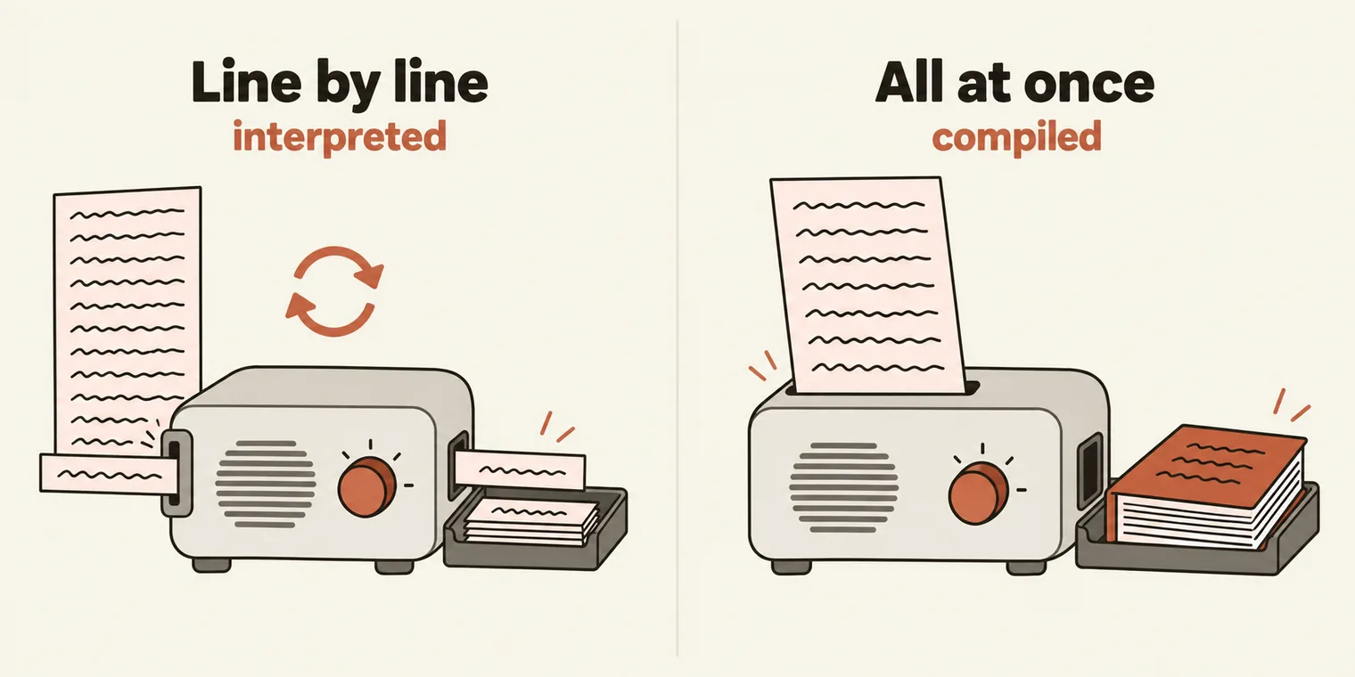 Two panels with the same small translation machine. Left, titled Line by line, with the sublabel interpreted: a sheet of squiggle text feeds in one strip at a time, translated strips come out one by one, and a circular arrow shows it repeating. Right, titled All at once, with the sublabel compiled: the whole sheet goes in and a finished bound booklet comes out in one go.