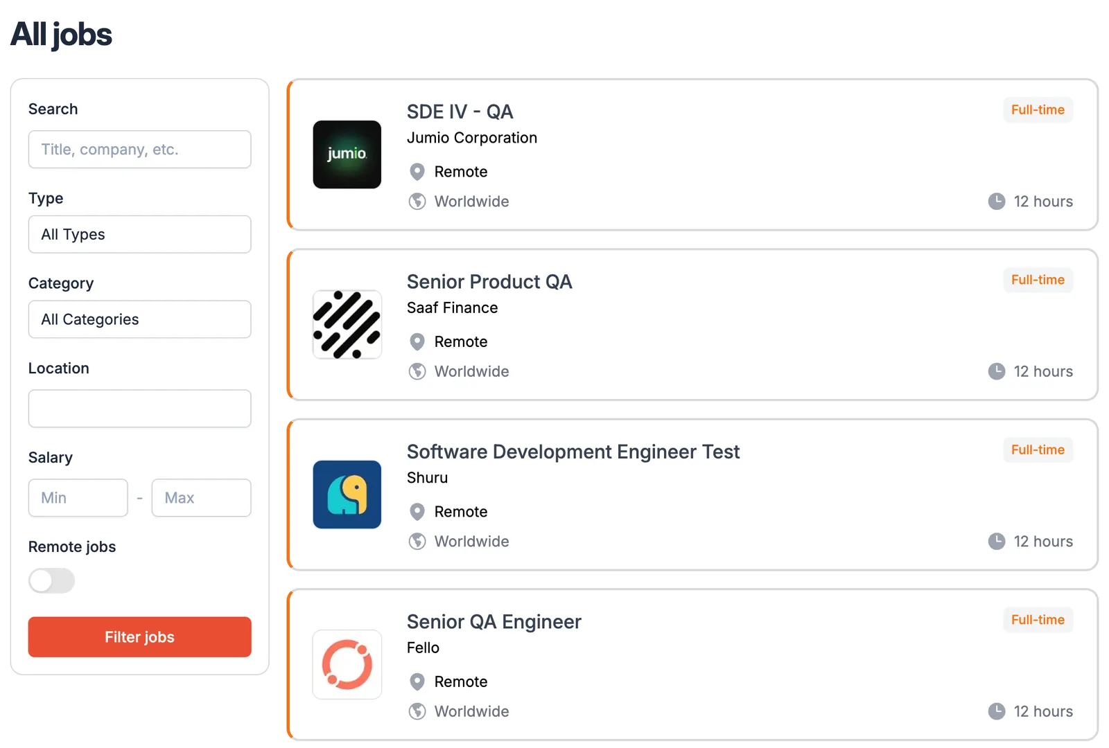 The All jobs page. On the left, filters for search, type, category, location, salary minimum and maximum, a Remote jobs toggle and a Filter jobs button. On the right, job cards with the title, company, Full-time, Remote, Worldwide, and how many hours ago each job was posted.
