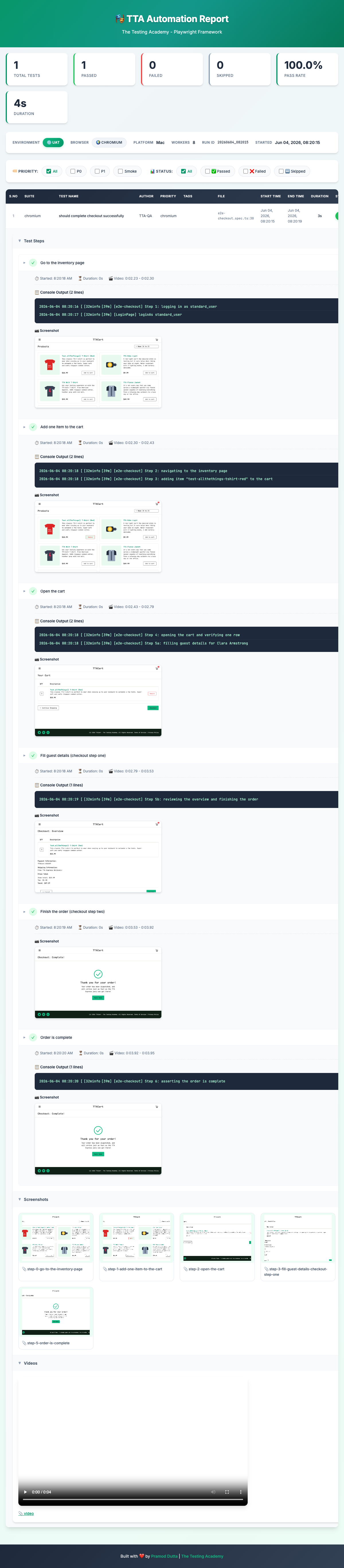TTA custom report — expanded end-to-end checkout flow with per-step screenshots and video
